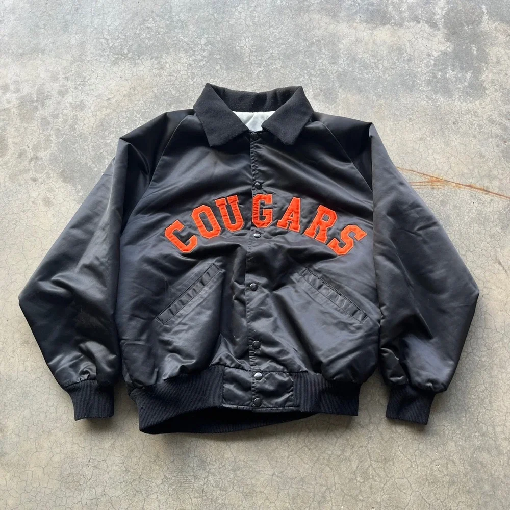 Vintage Cougars Satin Bomber Jacket Black Orange Varsity Quilted Snap Front XL